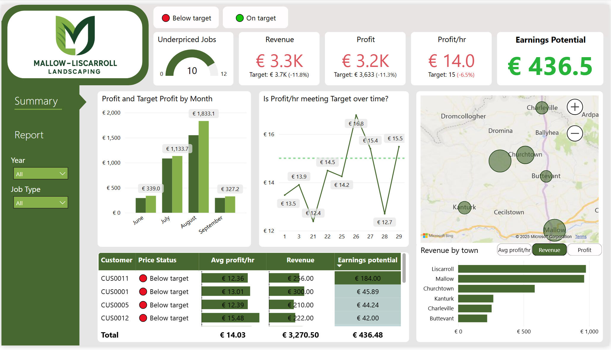 Power BI Summary dashboard for Mallow – Liscarroll Landscaping